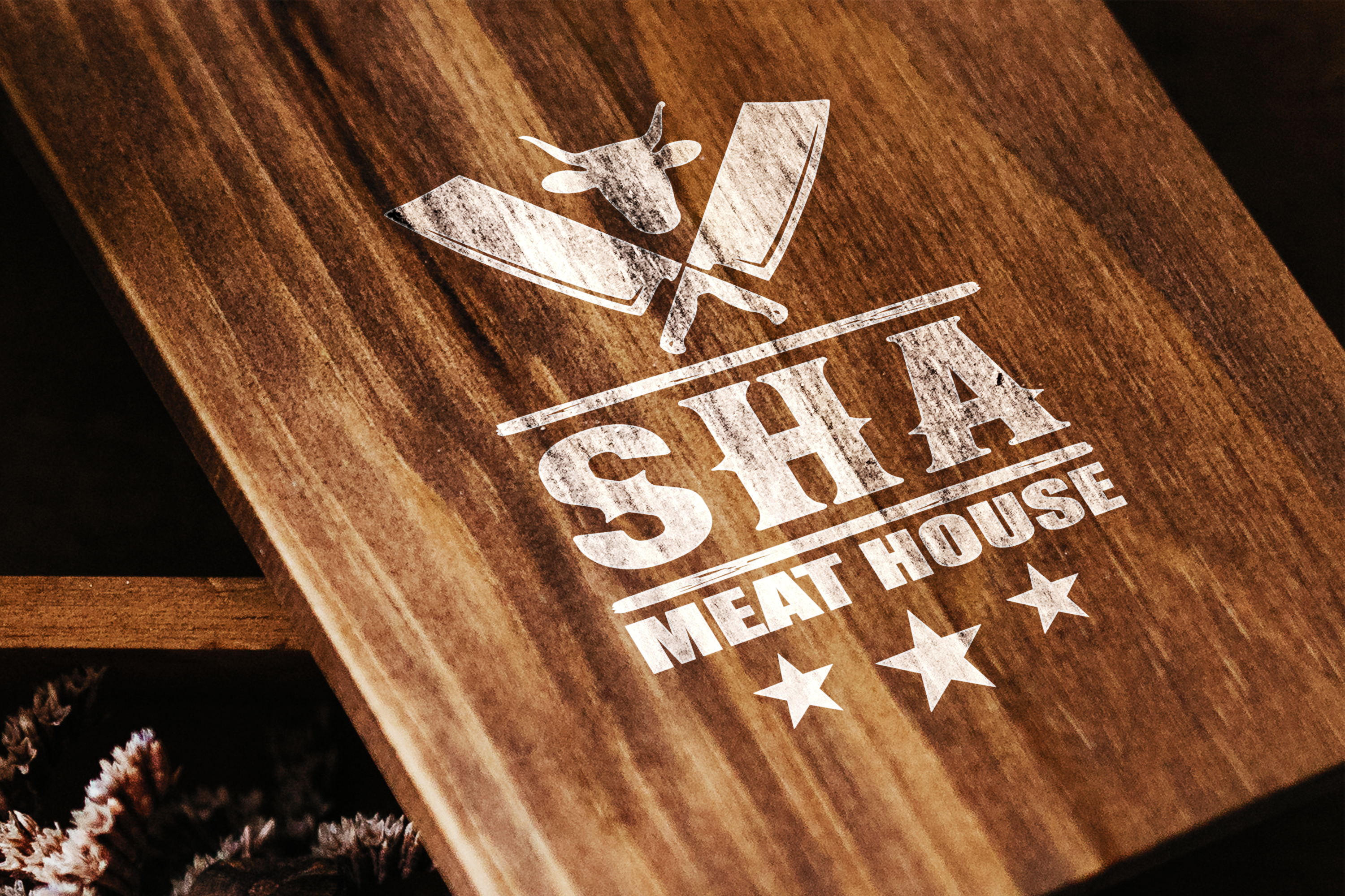 Logo Design SHA Meat House Wooden Plate Mockup